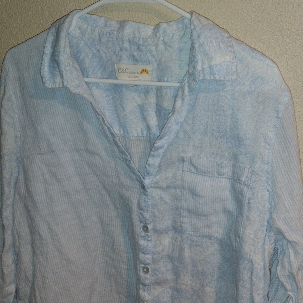 C+C California Natural Linen Button-down Shirt Seashell Striped Blue White XL - Picture 2 of 7